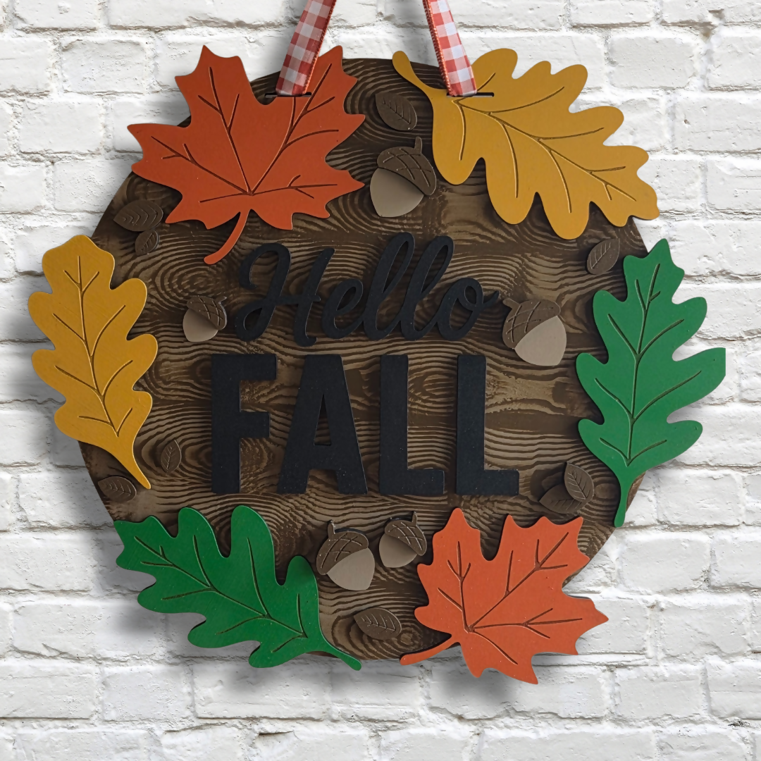 Hello Fall Big Leaves Door Hanger β Rustic Autumn Front Door Sign