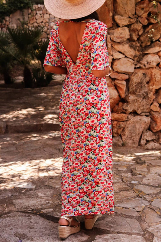 Deep V Cutout Floral Maxi Dress