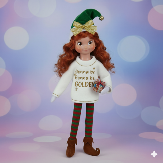 Pop Girl Gonna Be Golden Elf Sweater and Accessorizing Headband – Embroidered Holiday Elf Outfit
