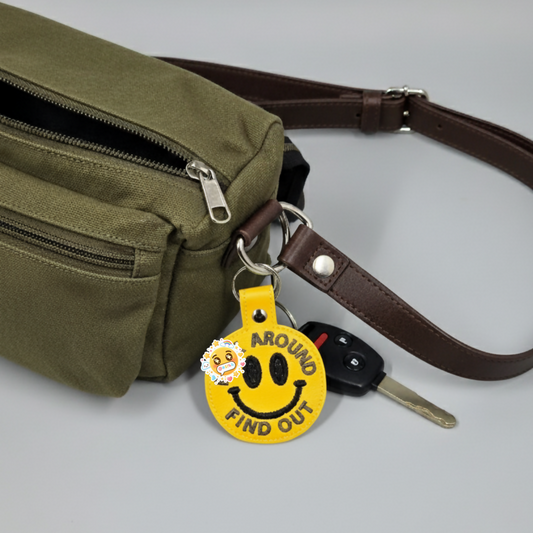 “Fuck Around Find Out” Smiley Embroidered Keychain | Funny Vinyl Keychain