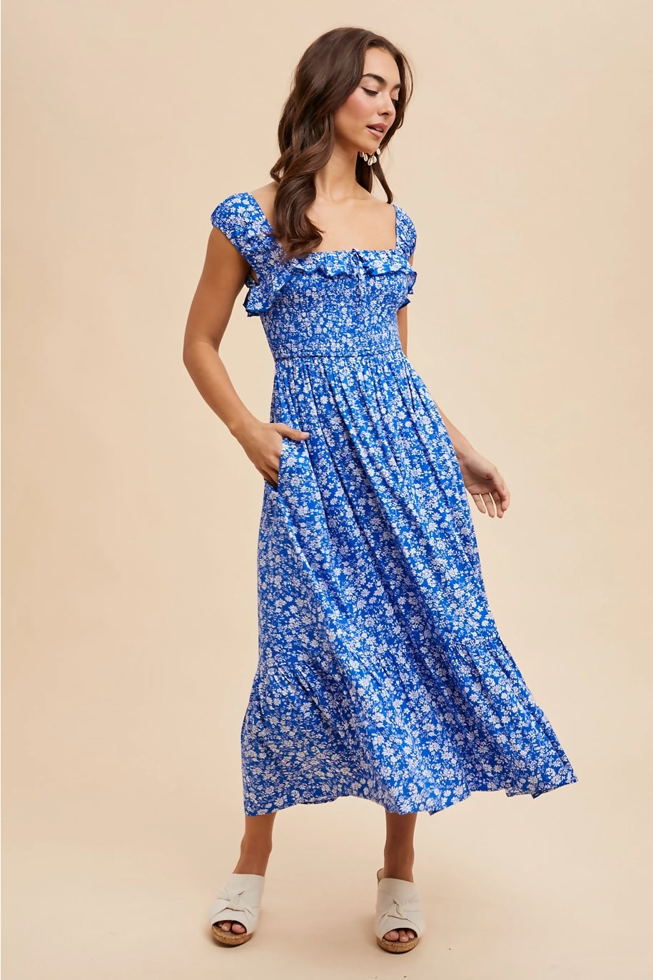 cobalt smocked floral dress