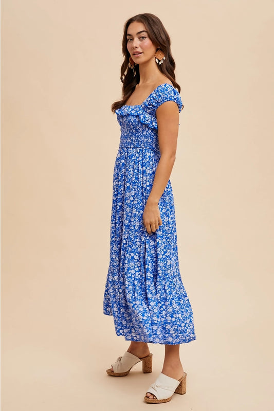 cobalt floral smocked dress side
