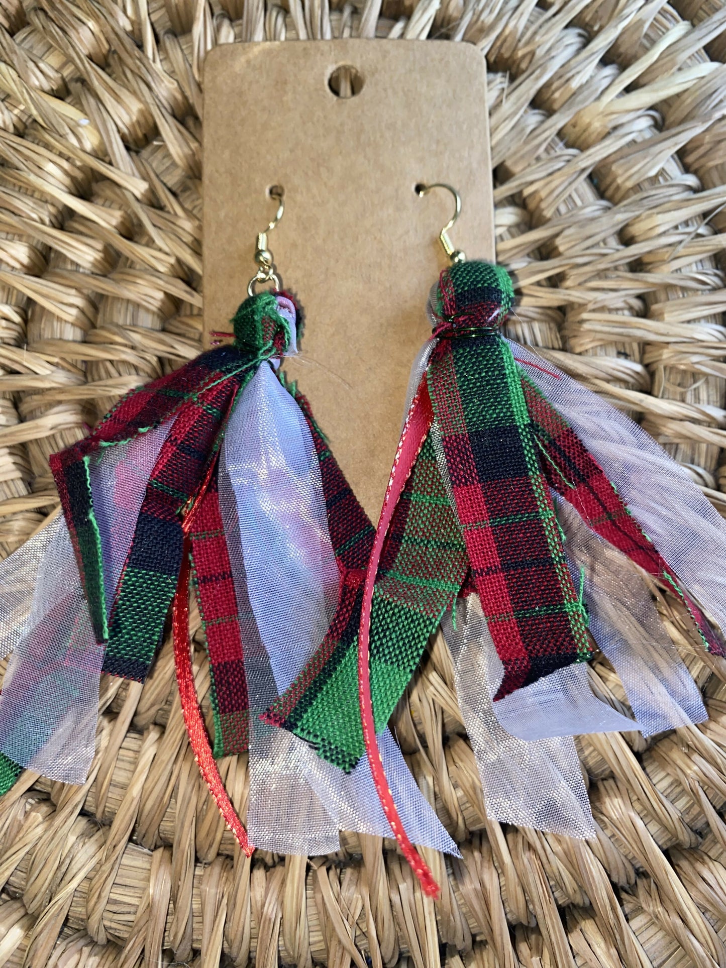 Plaid and white silk earrings