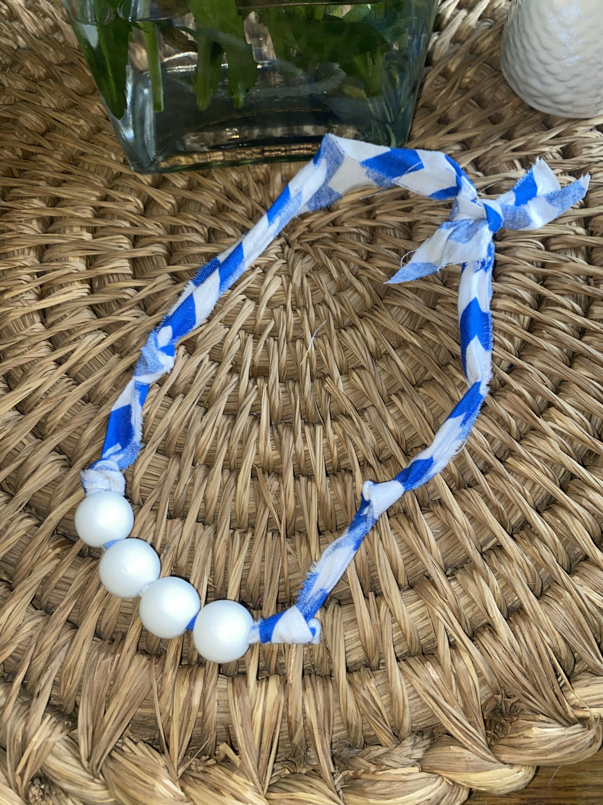 Blue and White with white wood beads necklace