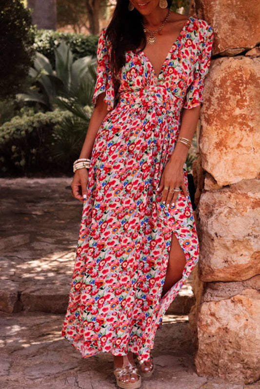 Deep V Cutout Floral Maxi Dress
