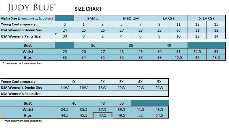 judy blue size chart for all 2