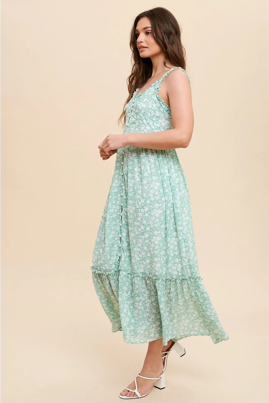 Ruffled Strap Button Down Floral Dress- Kelly Green