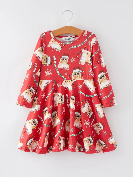 Red TS Christmas Print Twirl Dress