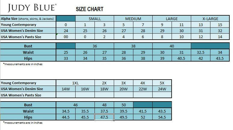 Judy blue size chart