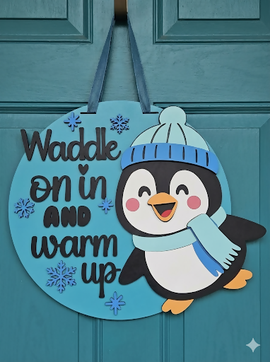 Waddle On In Penguin Door Hanger – Winter Welcome Front Door Sign