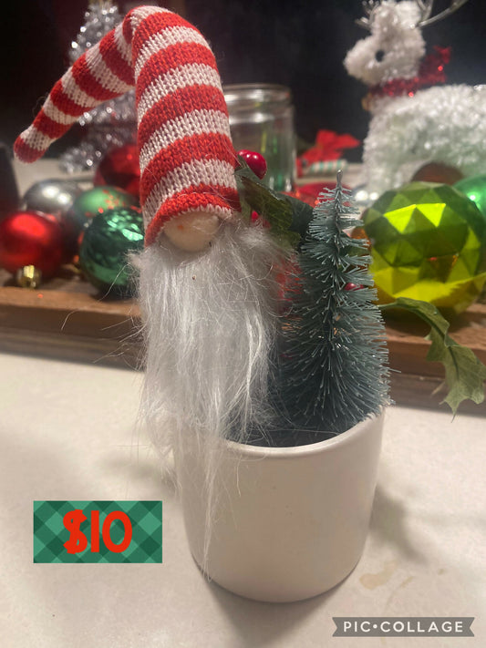 Red and White Gnome with tree in cup