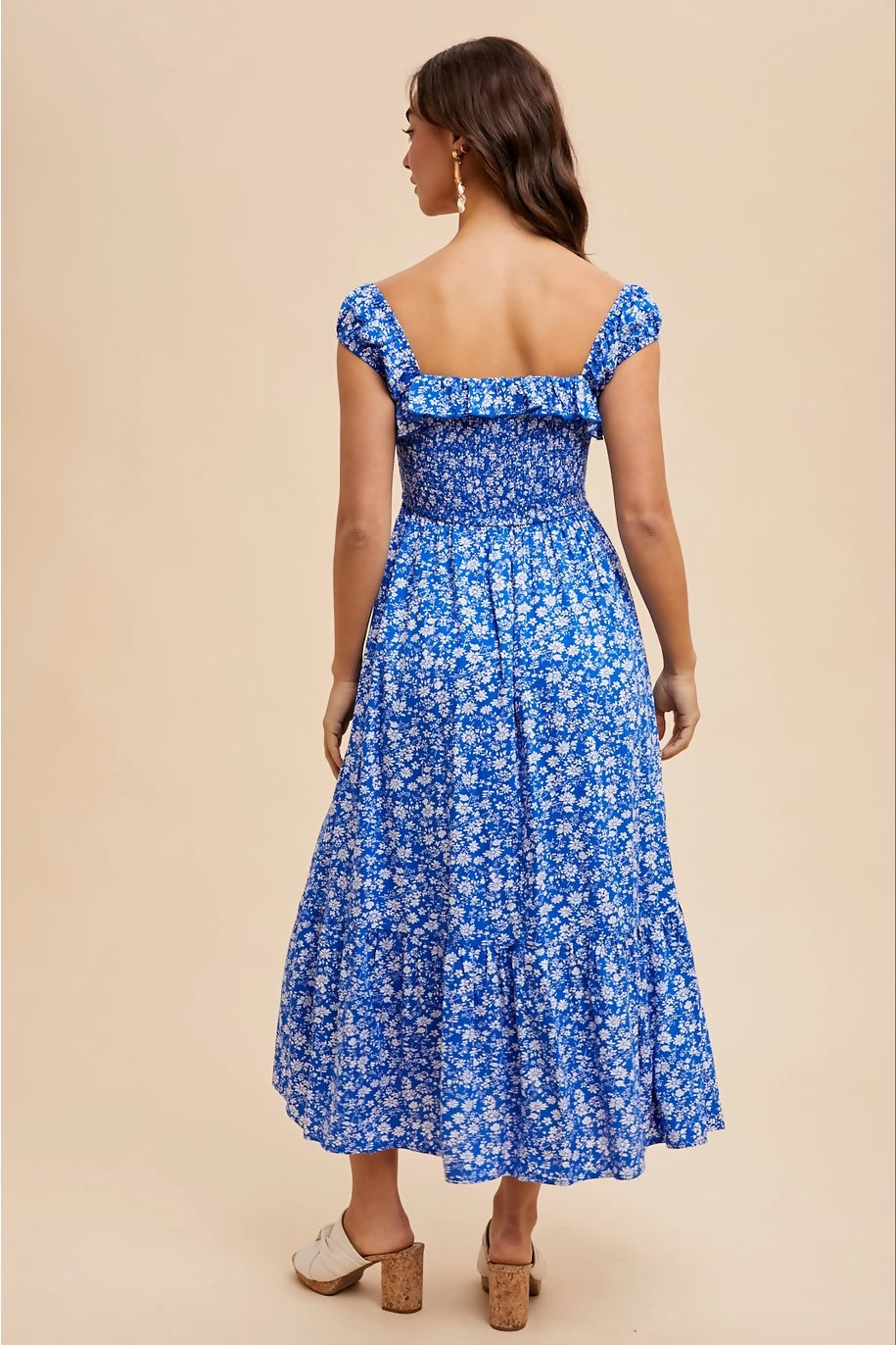 cobalt floral smocked dress back