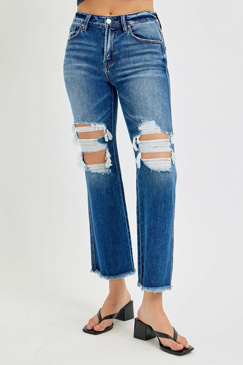 Risen: MID RISE CROP DISTRESSED FLARE JEANS