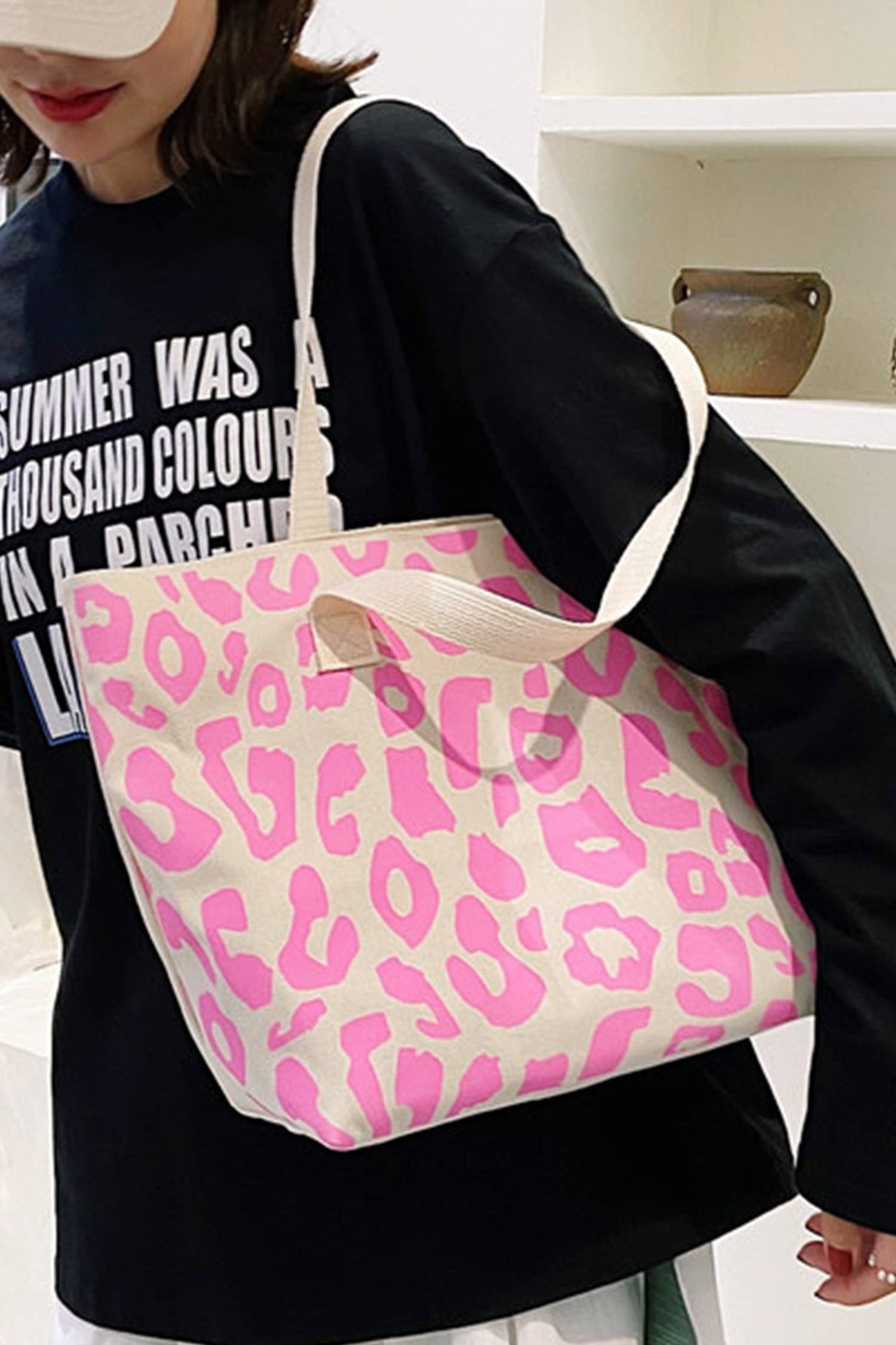 Pink Leopard Print Canvas tote