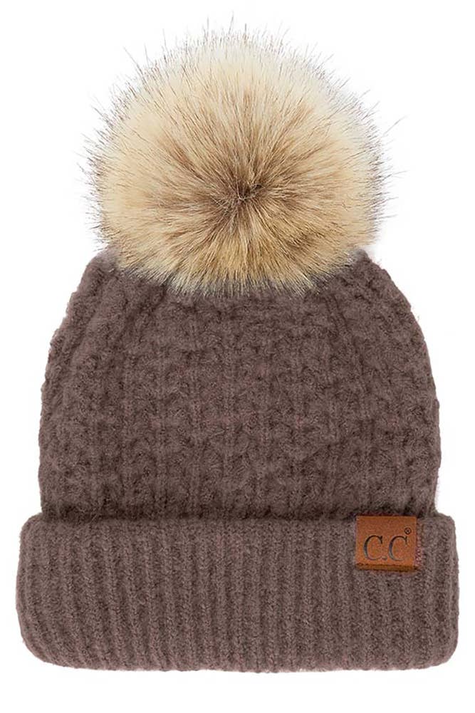 C.C Smocking Stitch Beanie with Pom Hat