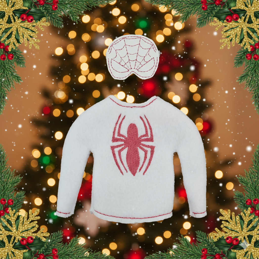 Ghost Spidey Girl Elf Costume – Embroidered Fleece Outfit with Vinyl Mask