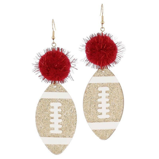 Crimson Pom & Glitter Football Earrings