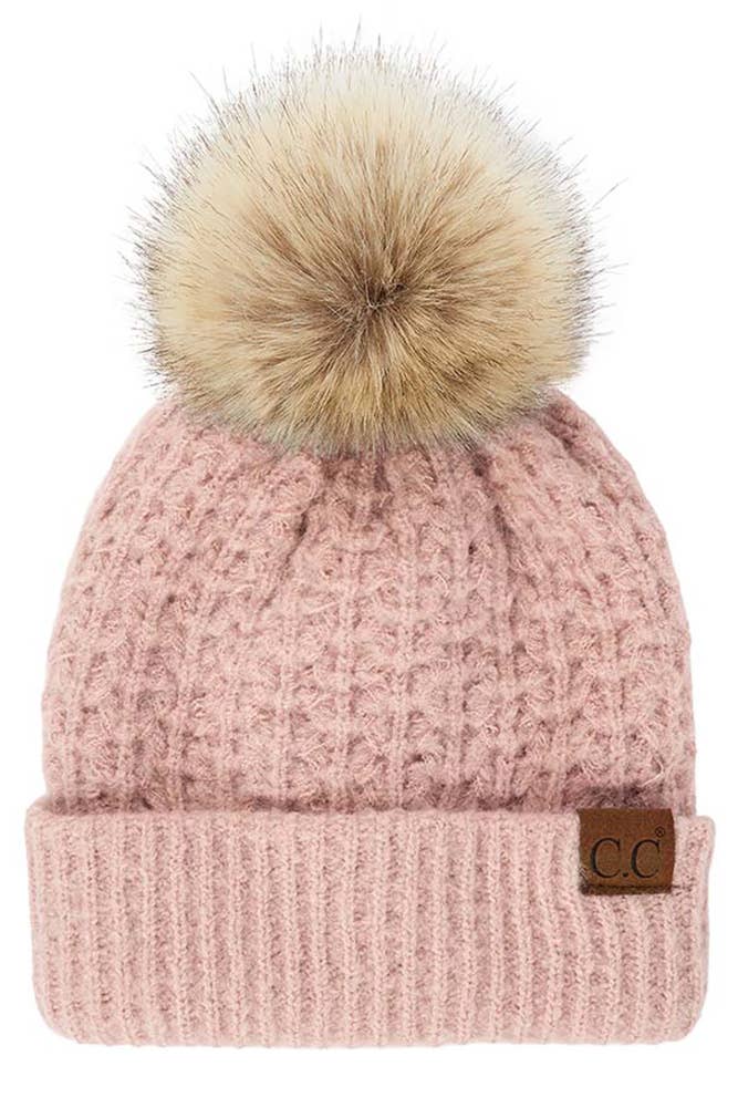 C.C Smocking Stitch Beanie with Pom Hat