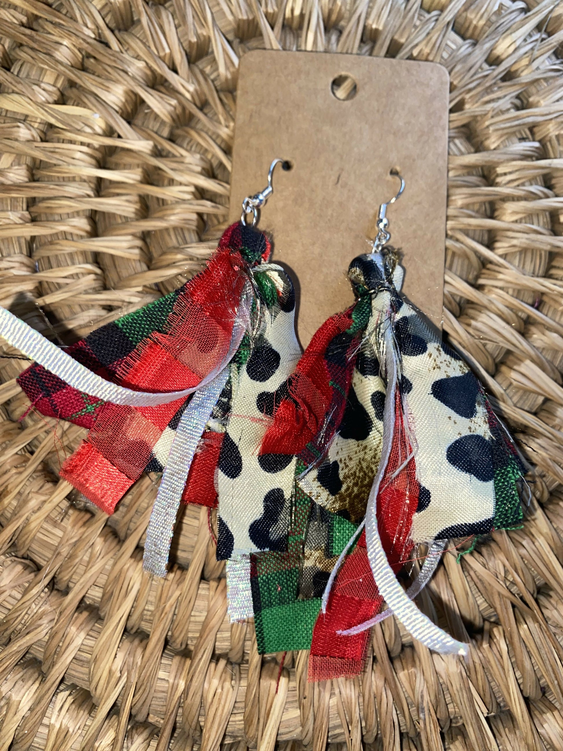 Leopard and plaid and red silk earrings