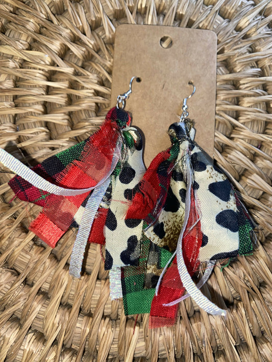 Leopard and plaid and red silk earrings