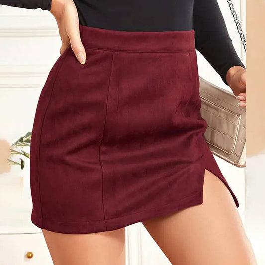 High-Waist Faux Suede Zipper Mini Skirt