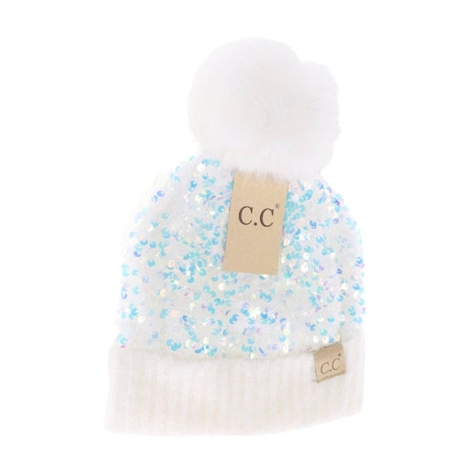 KIDS Sequin Faux Fur Pom C.C Beanie