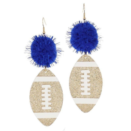 Blue Tinsel Pom & Glitter Football Earrings