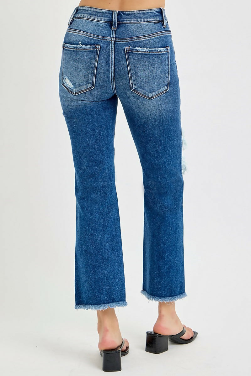 Risen: MID RISE CROP DISTRESSED FLARE JEANS