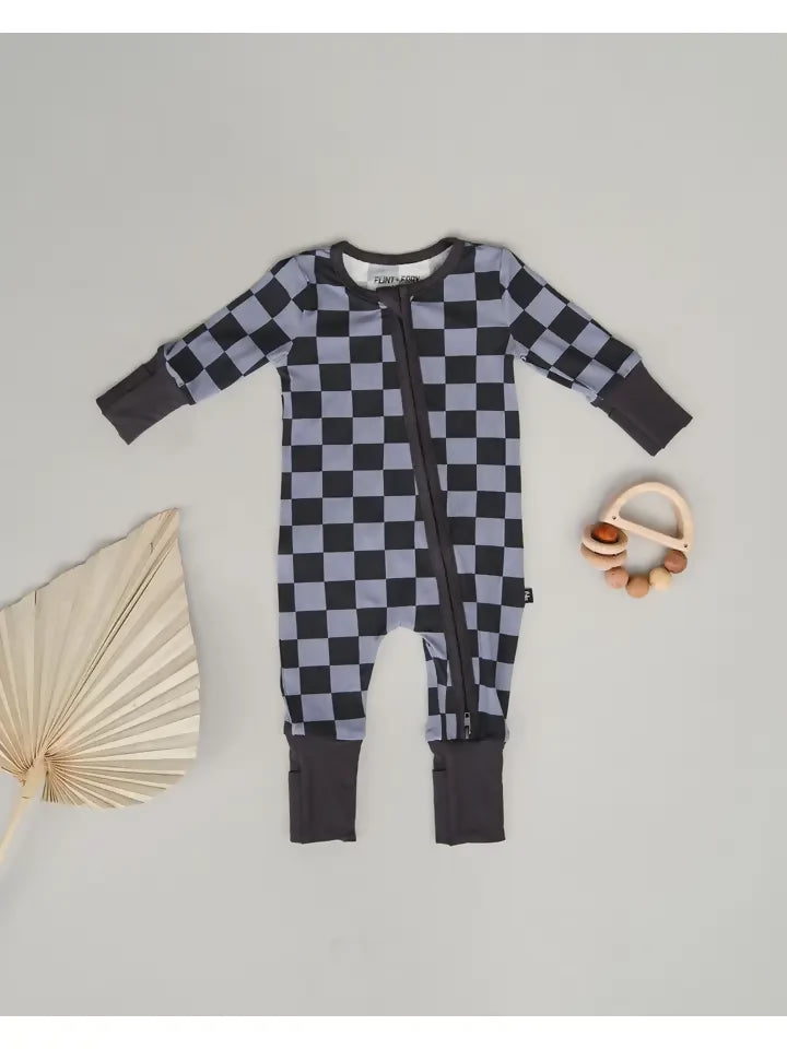 Stone Checkered Bamboo Zippy Romper