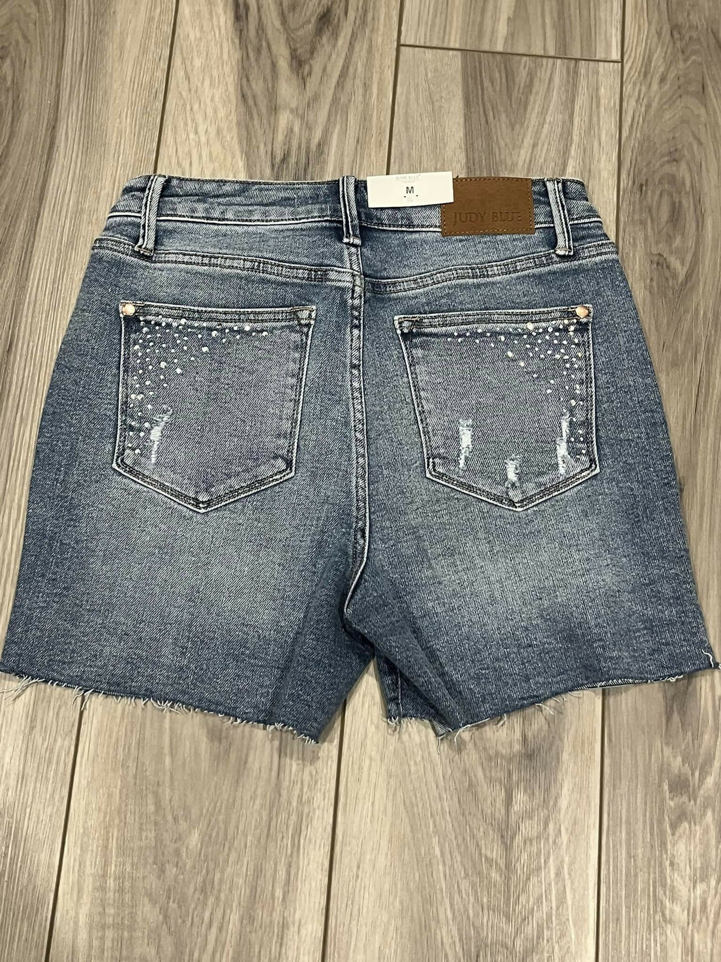 Judy Blue: High Waisted Rhinestoned Light Washed Shorts
