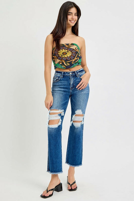 Risen: MID RISE CROP DISTRESSED FLARE JEANS