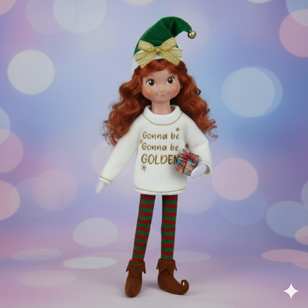 Pop Girl Gonna Be Golden Elf Sweater and Accessorizing Headband – Embroidered Holiday Elf Outfit