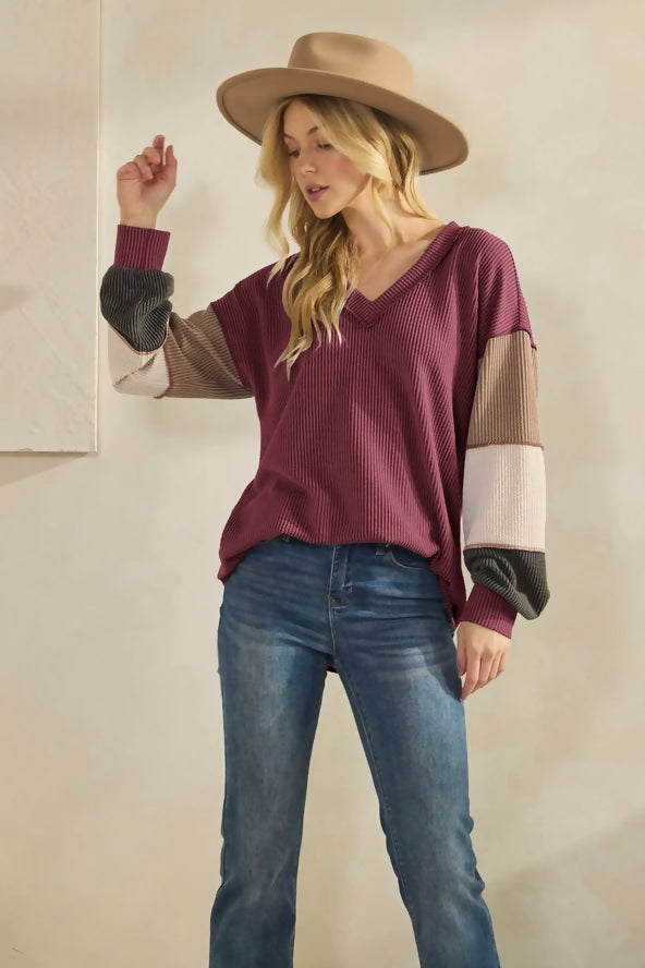 Women's Long Sleeve Contrast Urban Ribbed Top- Burgundy