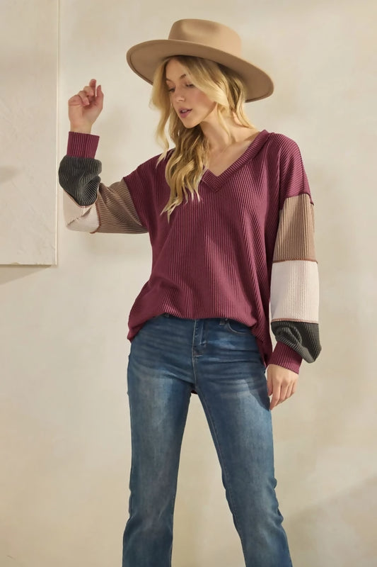 Women's Long Sleeve Contrast Urban Ribbed Top- Burgundy