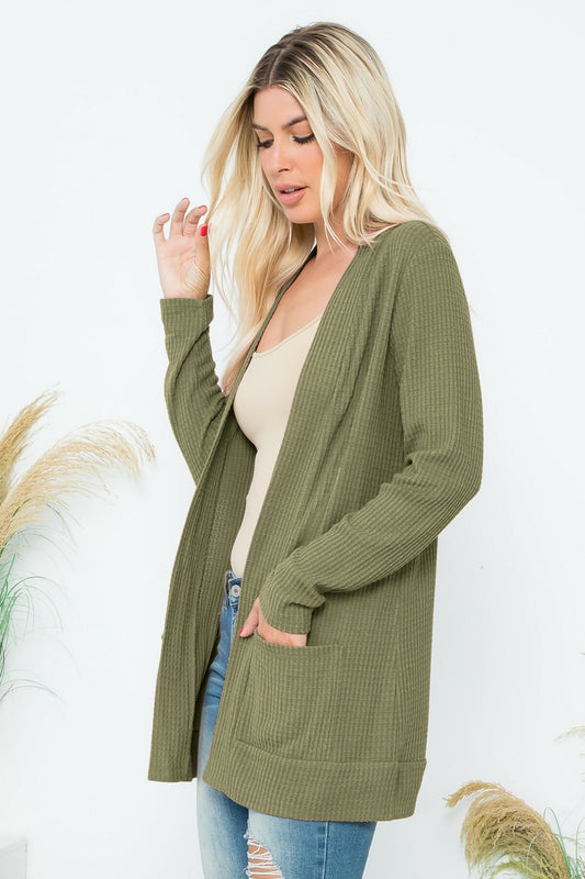armygreenwaffleknitcardiganside
