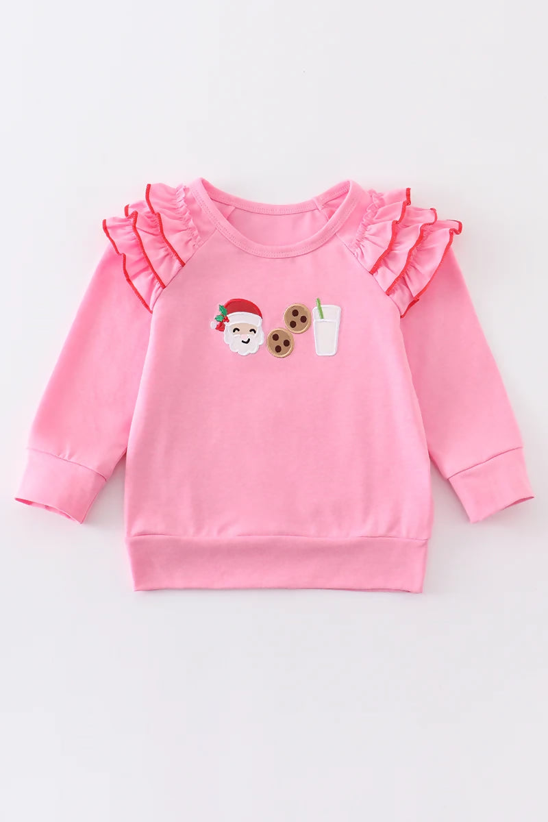 pink santa cookies and milk ruffle crewneck