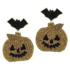 Gold Beaded Jack-O-Lantern and Bat Earrings