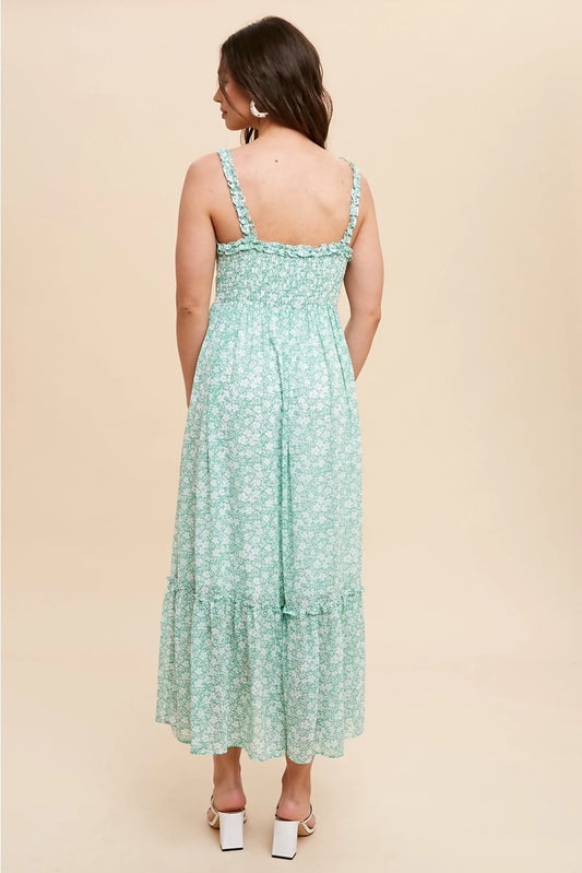 Ruffled Strap Button Down Floral Dress- Kelly Green