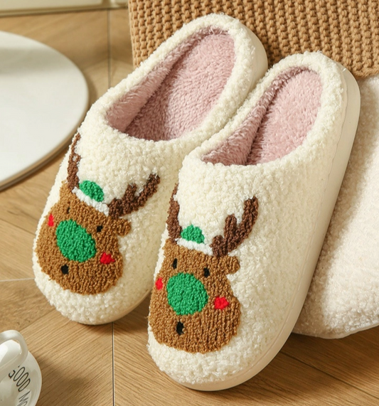 Green Reindeer Holiday Slippers