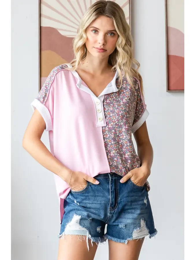 Floral Half Panel Detail Button Front Short Sleeve Top- Blush