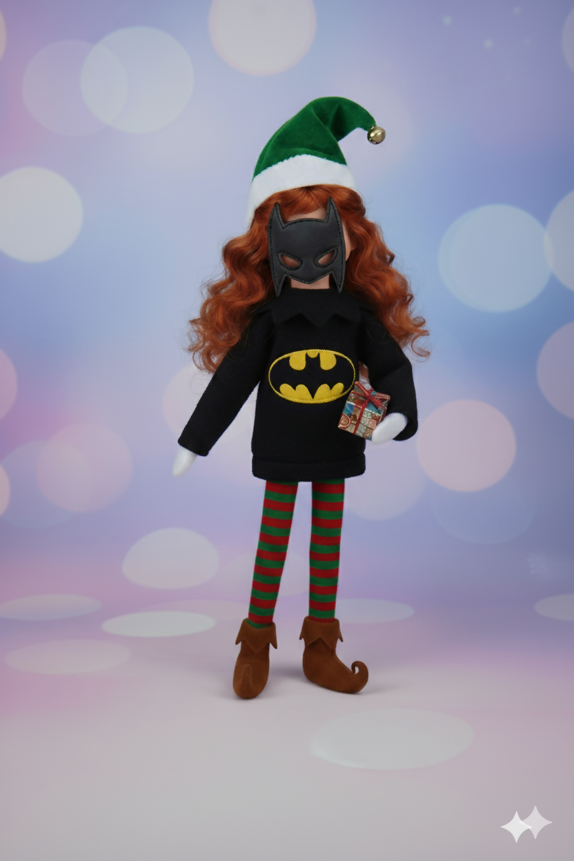 Bat Vigilante Elf Costume – Embroidered Fleece Sweater & Vinyl Mask Set for Mini Elves