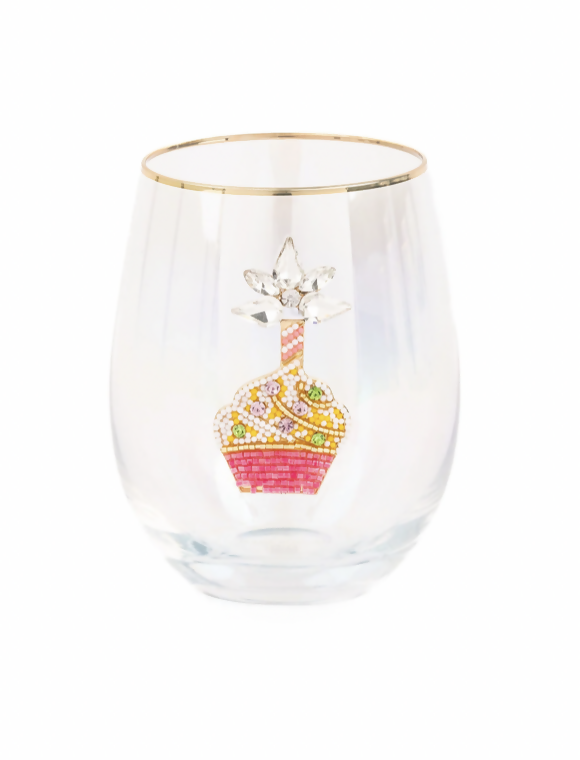 Mary Square Beaded Holographic Birthday Cupcake Stemless Wine Glass