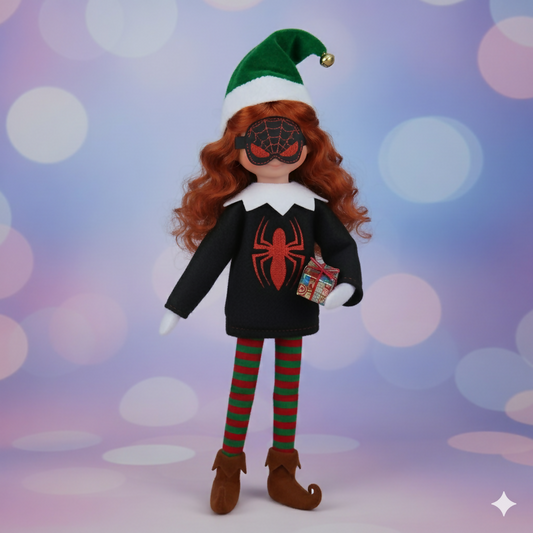 Spidey Arachno Kid Elf Costume – Black & Red Hero Elf Outfit