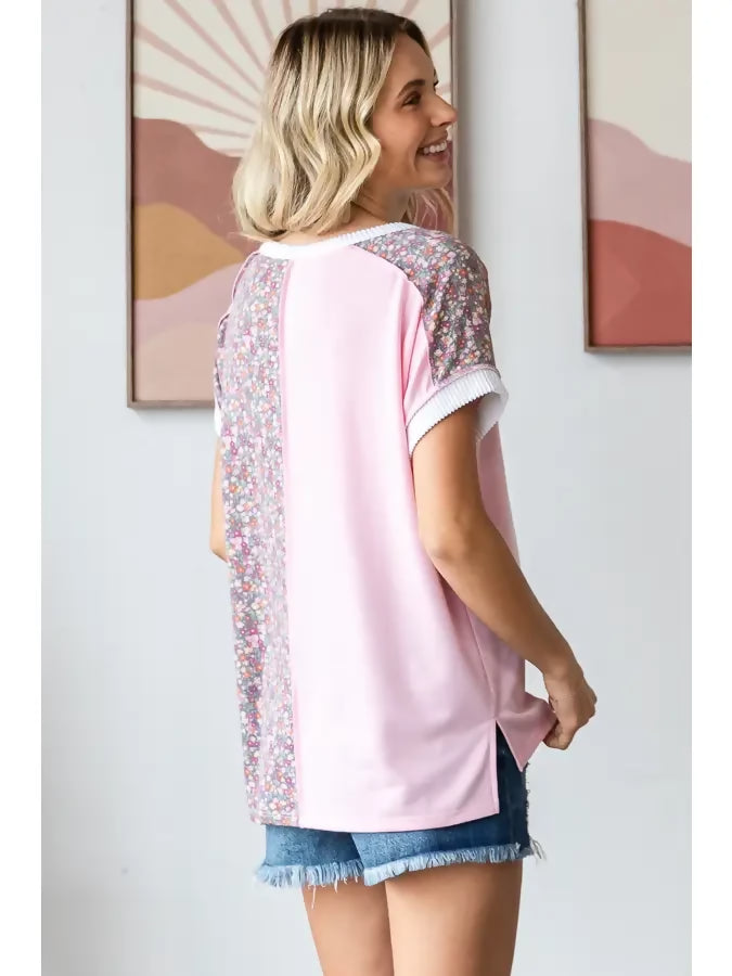 Floral Half Panel Detail Button Front Short Sleeve Top- Blush