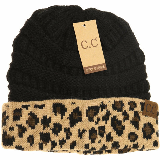 Black Leopard Print Beanie