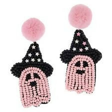 Pink Beaded Ghost Pom Pom Earrings