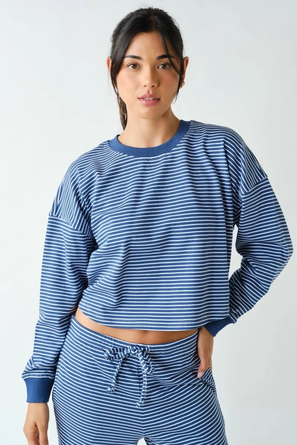 Mono B: Women's Coastal Striped Top & Pant Set- Ocean/White Color