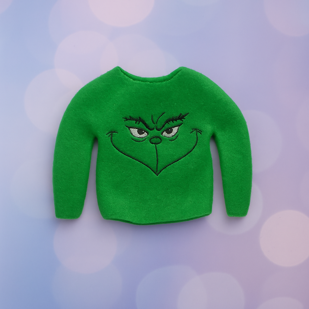 Mean Green Guy Elf Sweater – Embroidered Holiday Mischief Elf Outfit