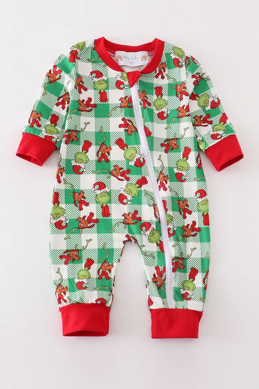 green grinch plaid zipper romper