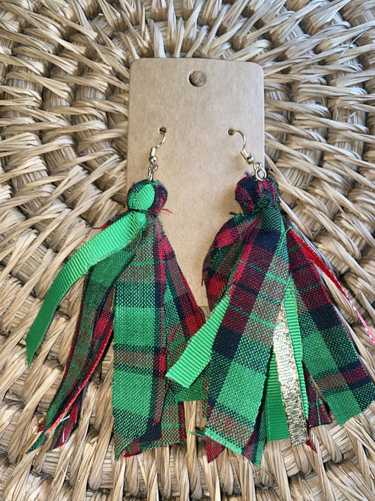 Plaid and Green ribbon earrings